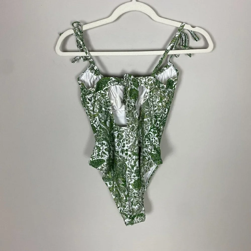 Berlook Retro Floral Drawstring‎ Ruched One-Piece Swimsuit Womens XS Green